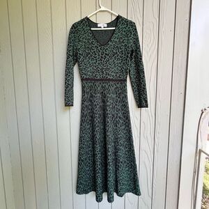 Great Jones Womens Forest Green Black Leopard Animal Print Knit Midi Dress